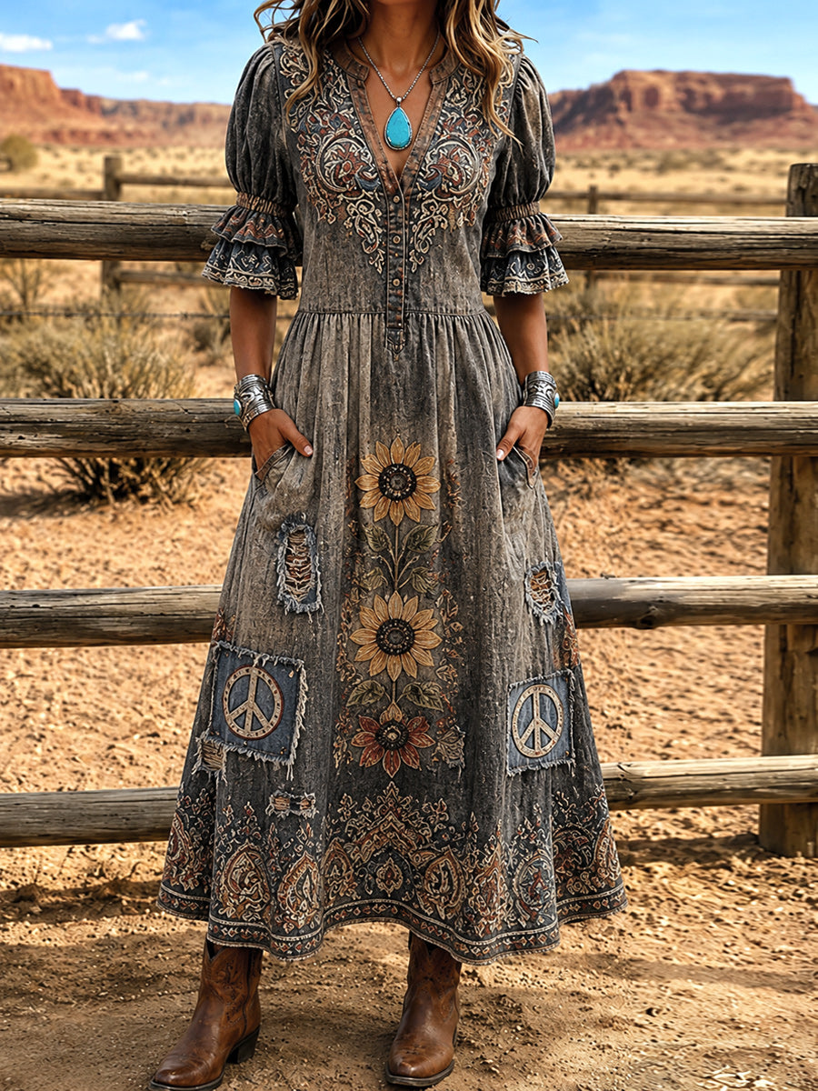 Women's Retro Art Print Washed Cotton Layered Patchwork Midi Dress